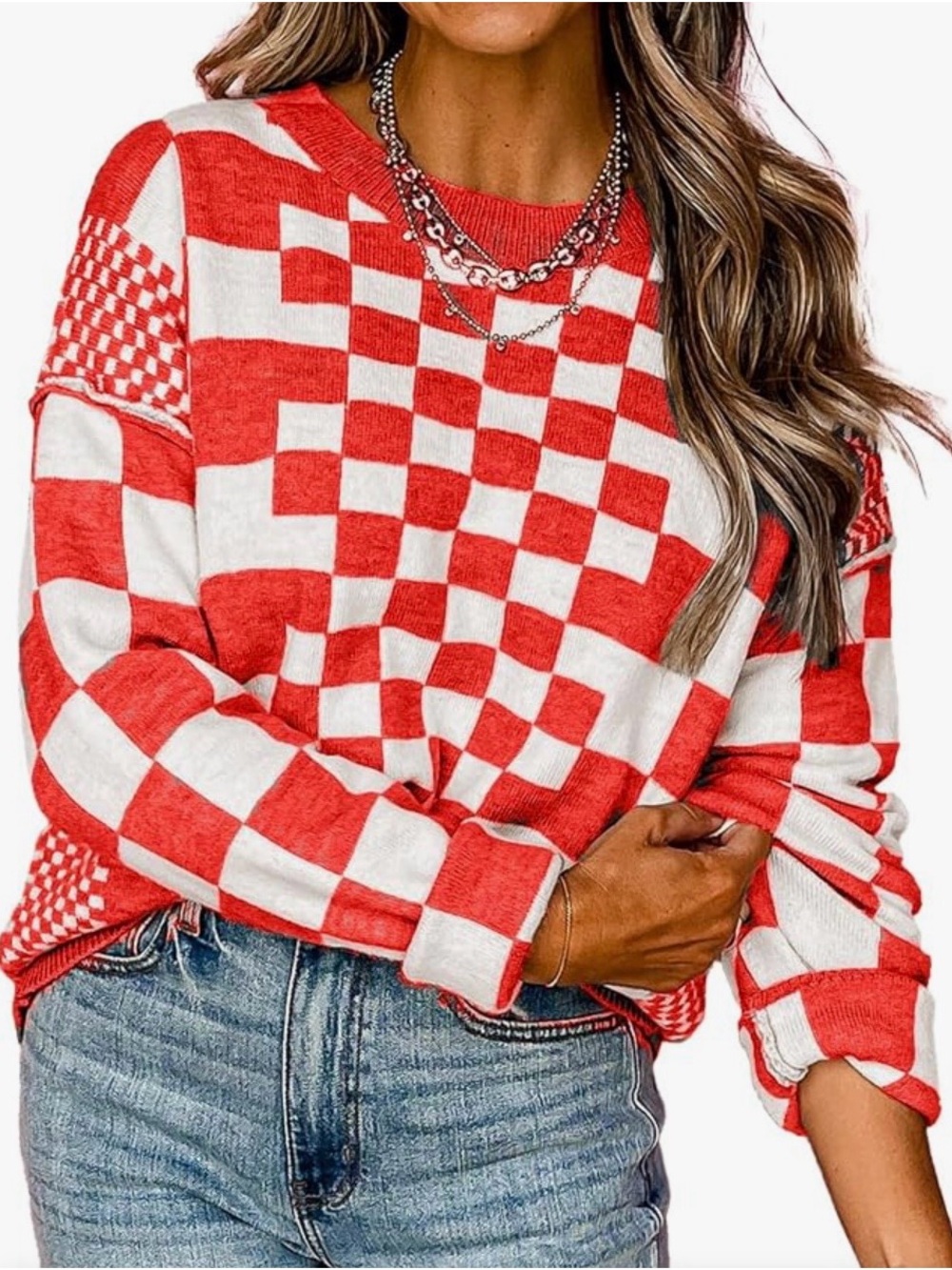 Red & White Checker Knit Sweater Top - Women